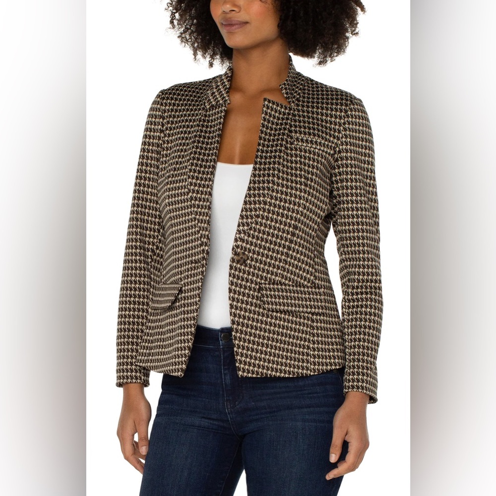 Liverpool Houndstooth Notch-Collar Blazer in Brown and Black - Picture 3 of 4